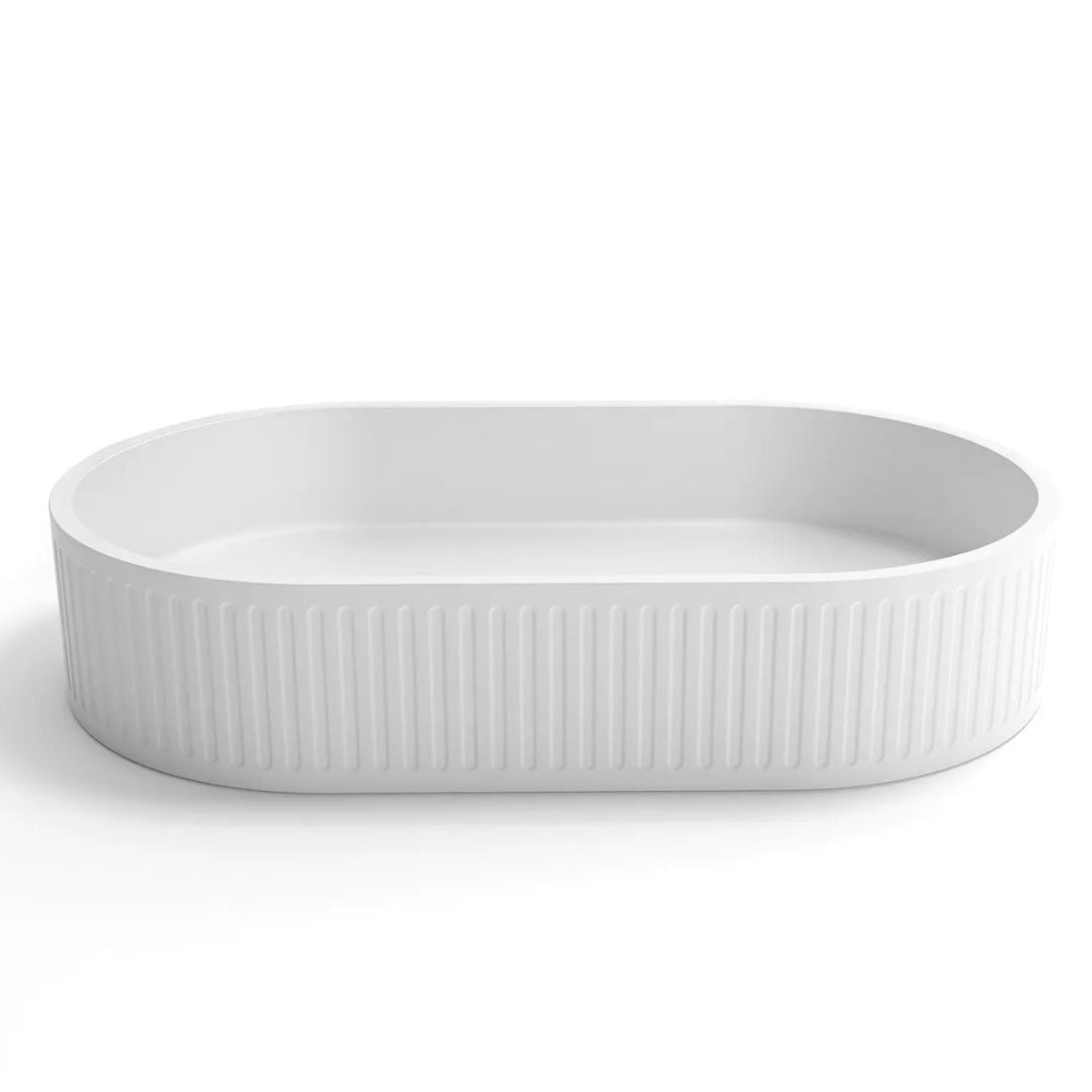 Hudson Oval 600x350x120 Concrete Fluted White Basin