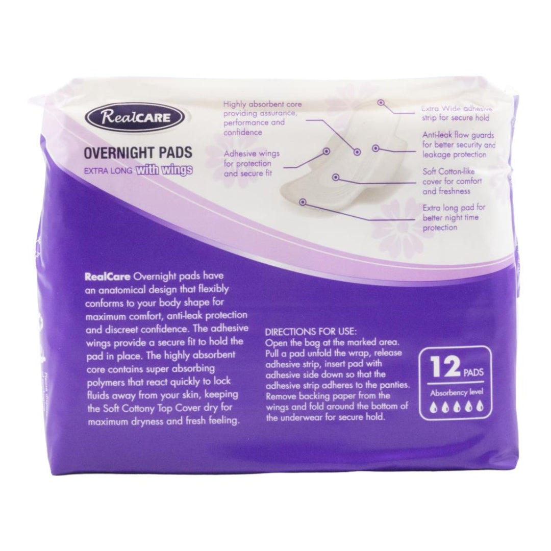 Real Care Overnight Pads Extra Long With Wings Absorbency Level 5 PK12 (16 Pack)