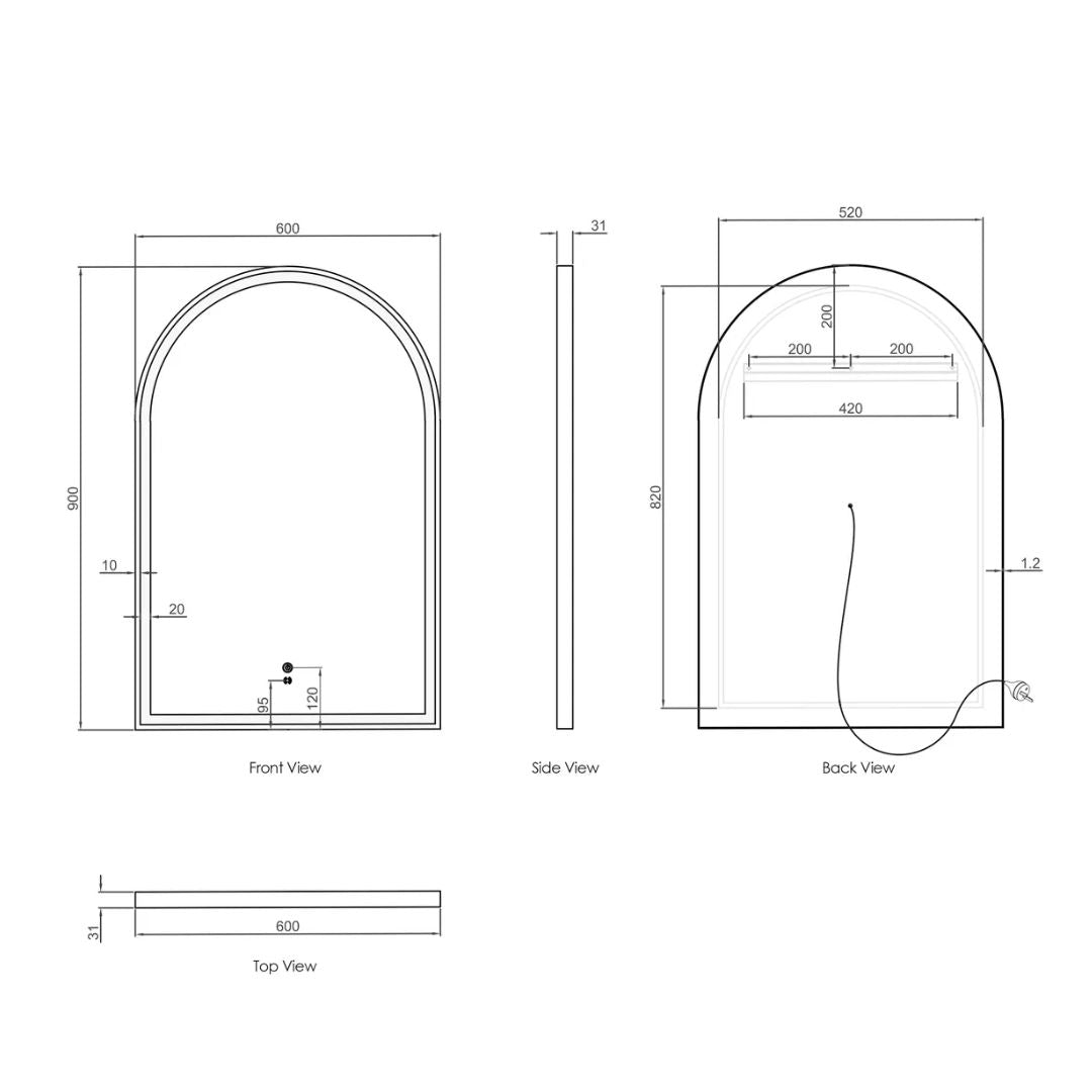 LED Archie 900(H)x600(W) Black Metal Frame Mirror