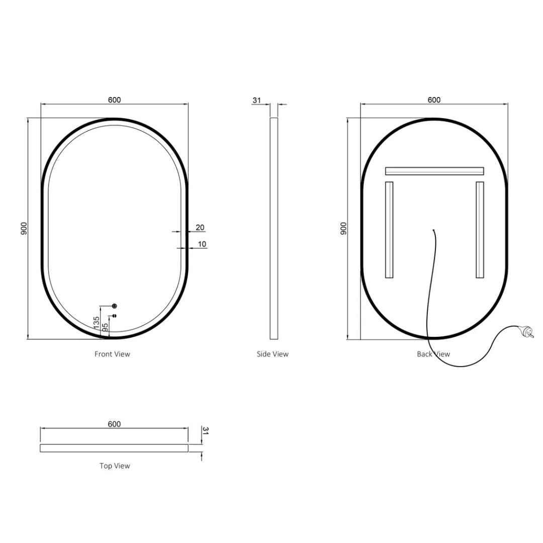 LED Noosa 900(H)x600(W) Gold Metal Frame Mirror- Install Horizontal or Vertical