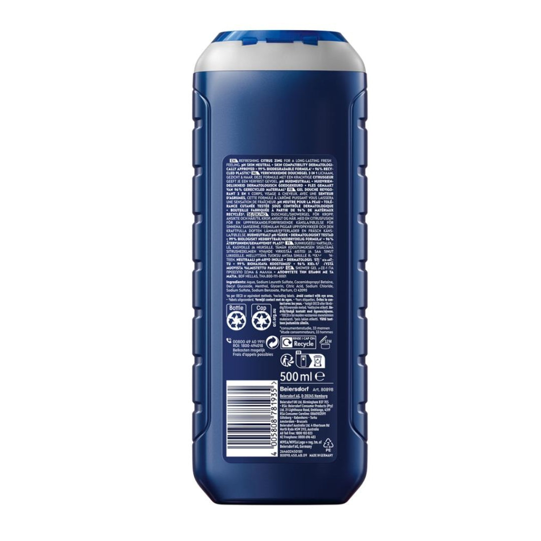 Nivea Men Shower Gel Power Citrus 500mL (6 Pack)