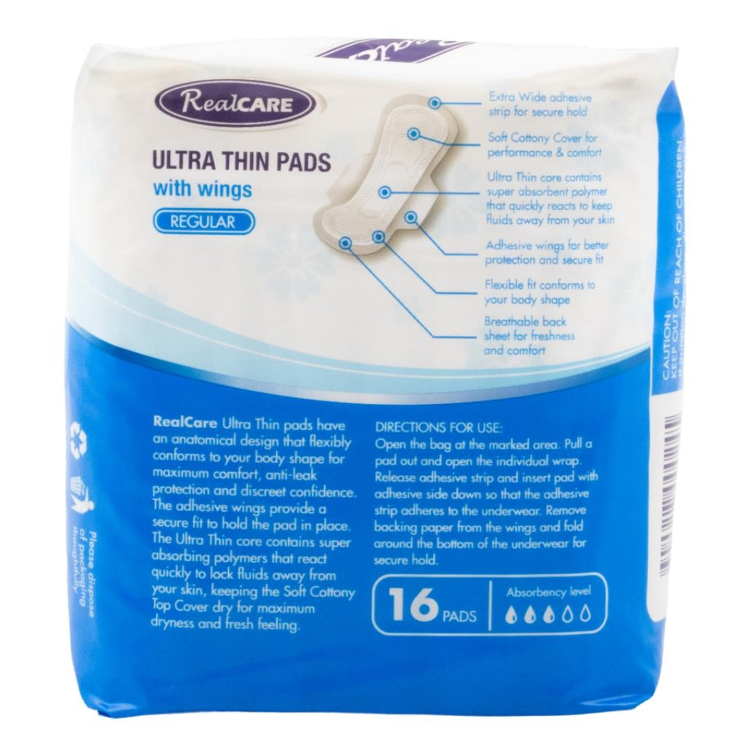 Real Care Ultra Thin Pads With Wings Regular Absorbency Level 3 PK16 (16 Pack)