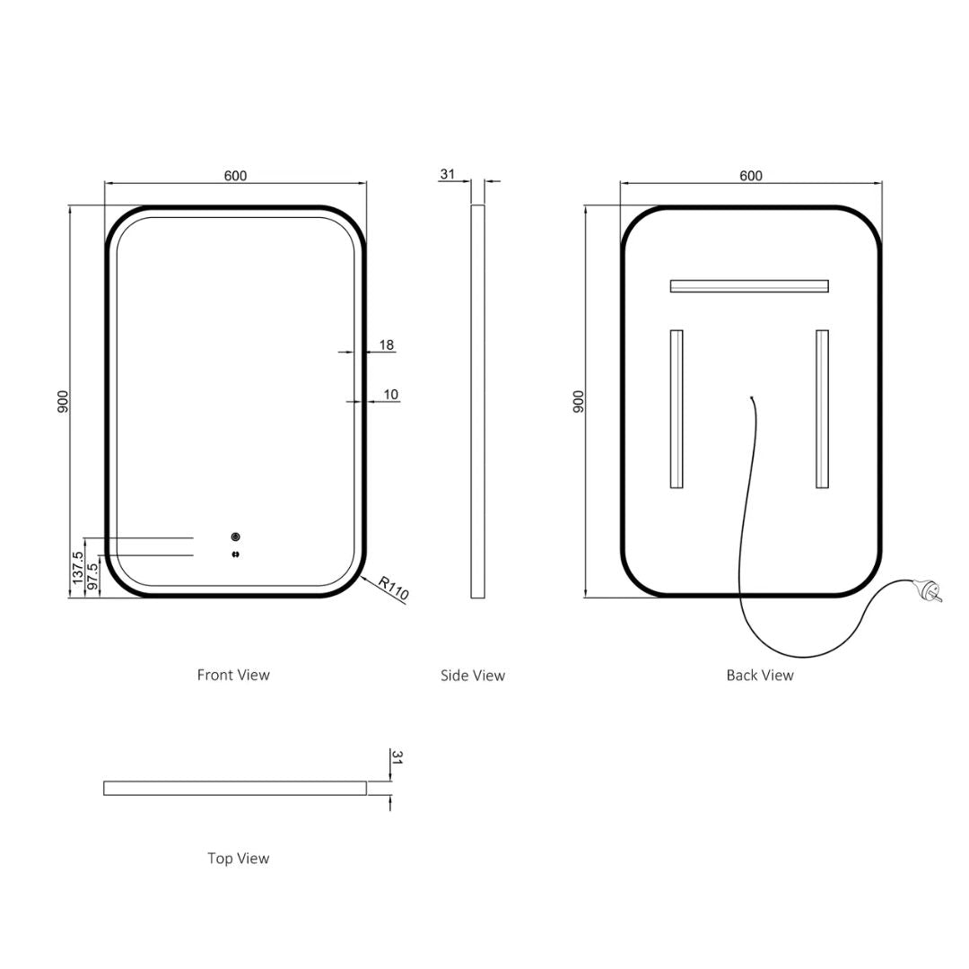 LED Newport 900(H)x600(W) White Metal Frame Mirror- Install Horizontal or Vertical