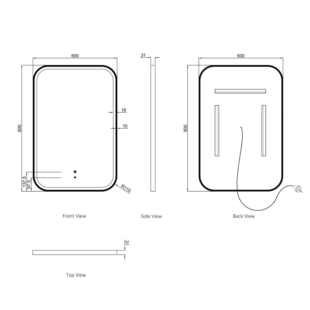 LED Newport 900(H)x600(W) Gold Metal Frame Mirror- Install Horizontal or Vertical