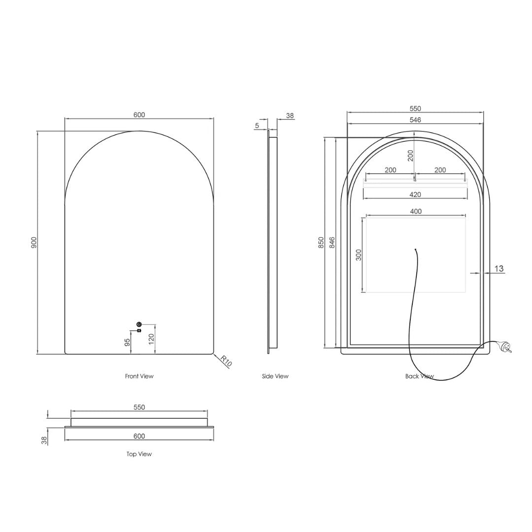 LED Archie 900(H)x600(W) Frameless Mirror