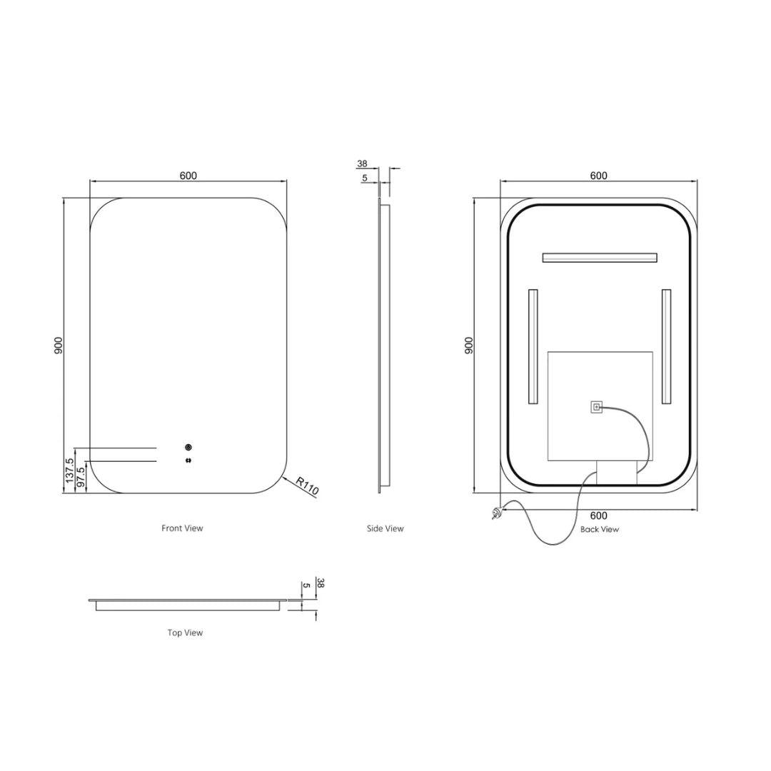 LED Newport 900(H)x600(W) Frameless Mirror - Install Horizontal or Vertical