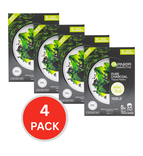 Garnier Skinactive Pk5 X 28g Pure Charcoal Tissue Masks (4x Pack)