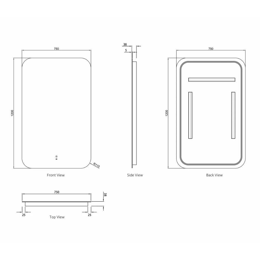 LED Newport 1200(W)x750(H) Frameless Mirror - Install Horizontal or Vertical