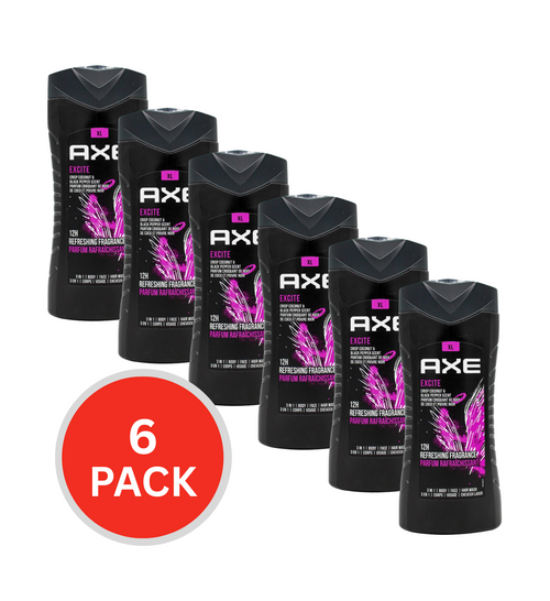 Axe 400ml 3 In 1 Body + Face + Hair Wash Excite ( 6x Pack)