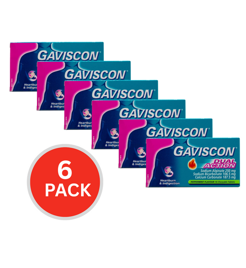Gaviscon Pk16 Chewable Tablets Dual Action Heartburn And Indigestion Peppermint (6x Pack)