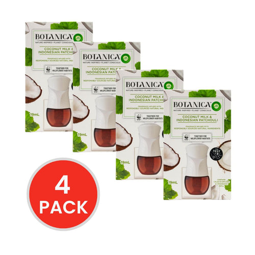 Air Wick 19ml Botanica X1 Plug In Diffuser And Fragrance Refill Coconut Milk And Indonesian Patchouli (4x Pieces)