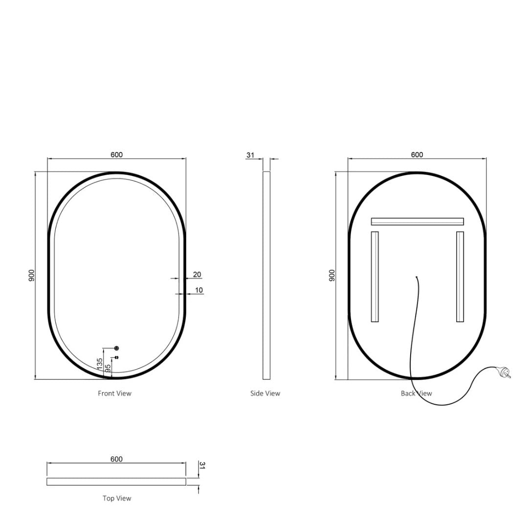 LED Noosa 900(H)x600(W) Black Metal Frame Mirror- Install Horizontal or Vertical