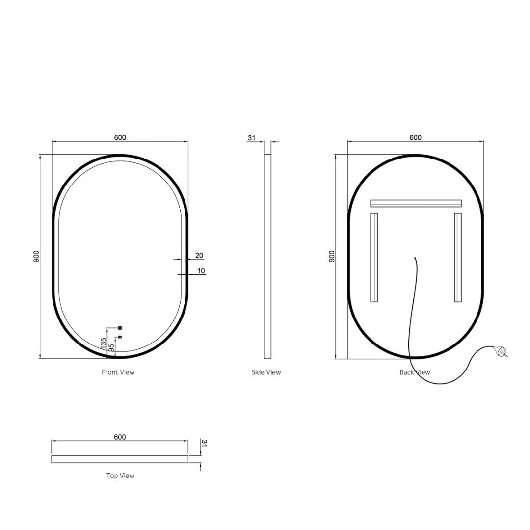 LED Noosa 900(H)x600(W) White Metal Frame Mirror- Install Horizontal or Vertical
