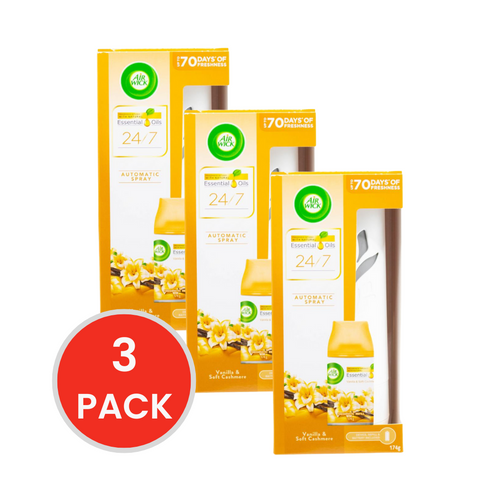 AIR WICK 174g AUTOMATIC SPRAY ESSENTIAL OILS 24/7 DEVICE REFILL AND BATTERY INCLUDED VANILLA AND SOFT CASHMERE (3x Pack)