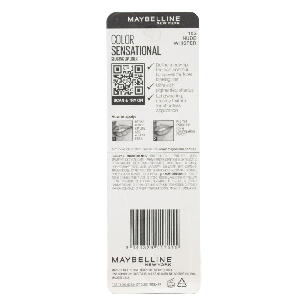 MAYBELLINE 0.5g SHAPING LIP LINER COLOR SENSATIONAL NUDE WHISPER 105 CARDED (2x Pack)