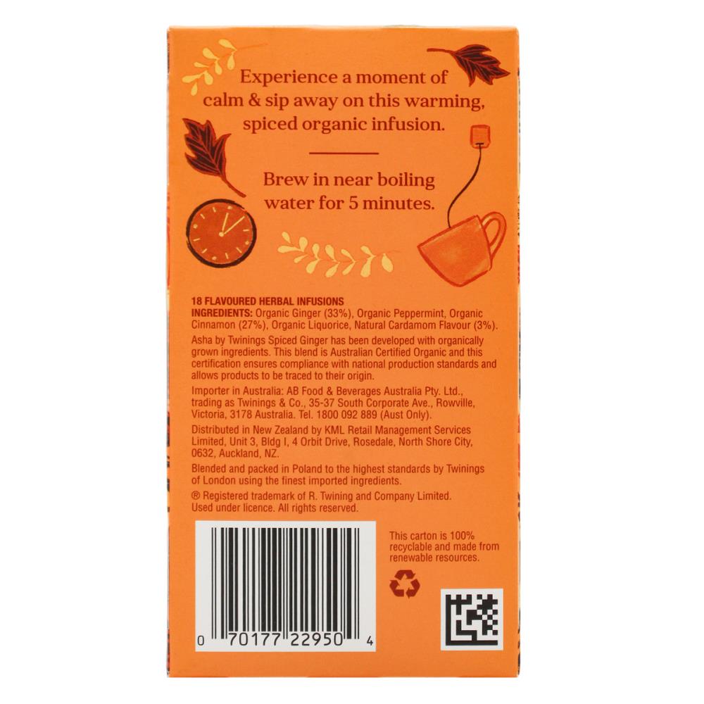 TWININGS PK18 x 36g ASHA SPICED GINGER CARDAMOM & CINNAMON FLAVOURED HERBAL INFUSIONS (6x pack)