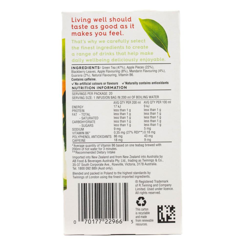 TWININGS FLAVOURED INFUSIONS REVIVE MANDARIN APPLE AND GREEN TEA WITH GUARANA 40g x 20Pk (Value Pack x120)
