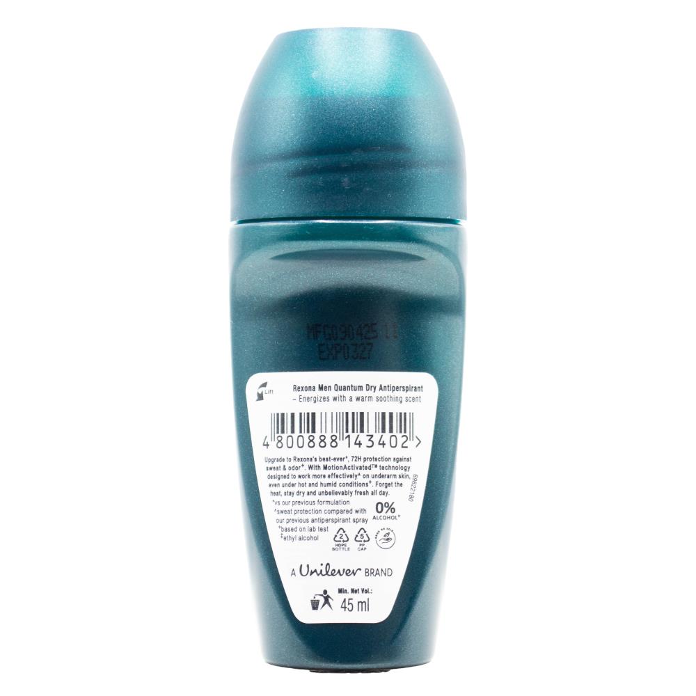 REXONA 45mL DEODORANT MEN ROLL ON 72 HOUR QUANTUM DRY (24x Pack)