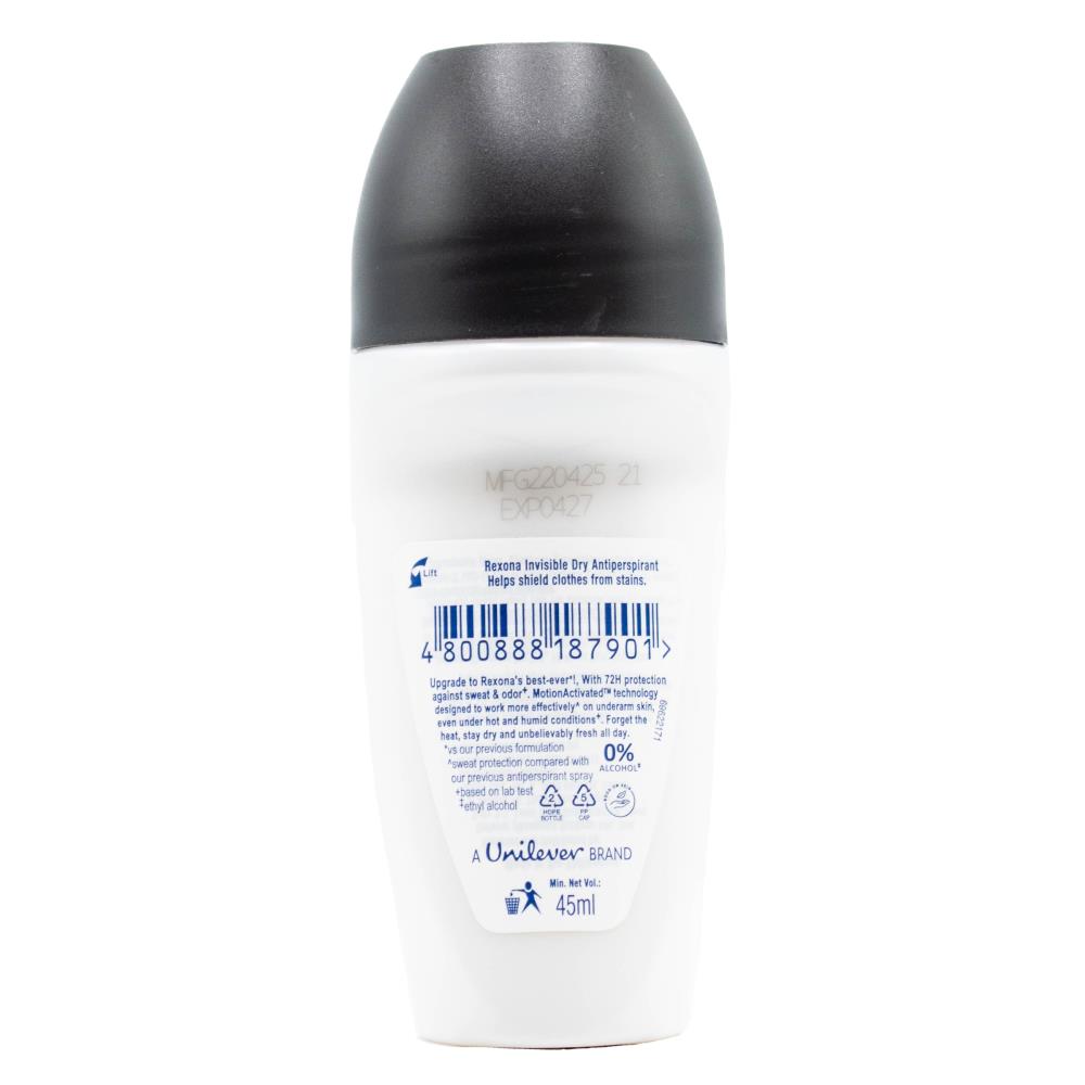 REXONA 45mL DEODORANT WOMENS ROLL ON MOTION SENSE INVISIBLE DRY BLACK & WHITE (24x Pack)