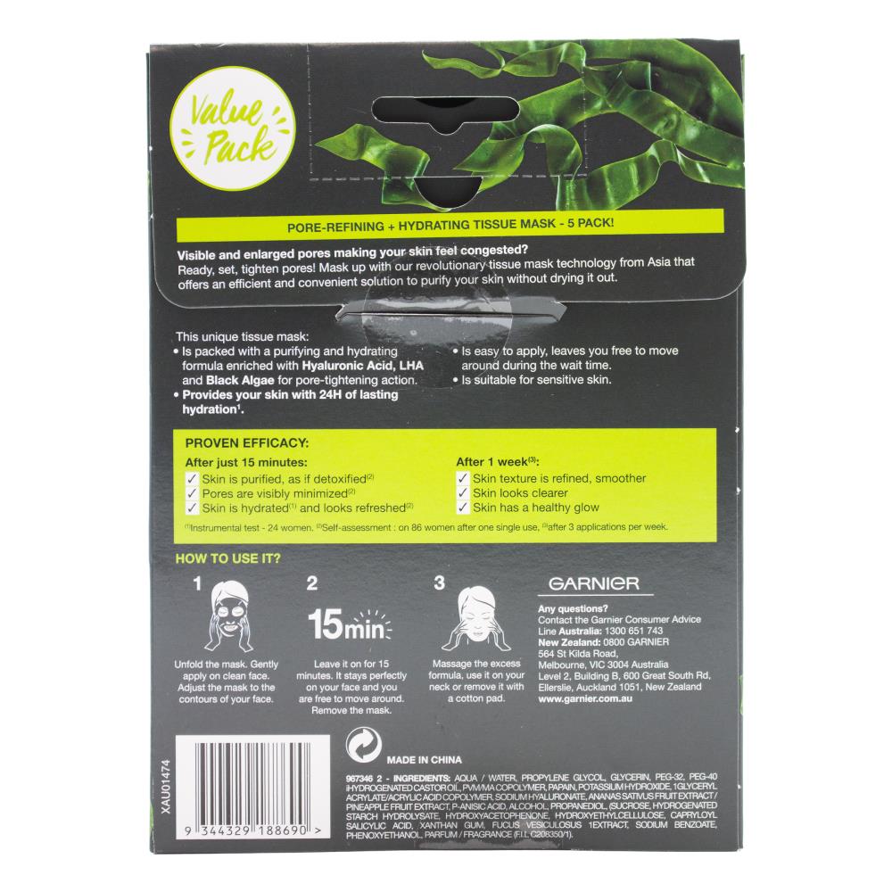 Garnier Skinactive Pk5 X 28g Pure Charcoal Tissue Masks (4x Pack)