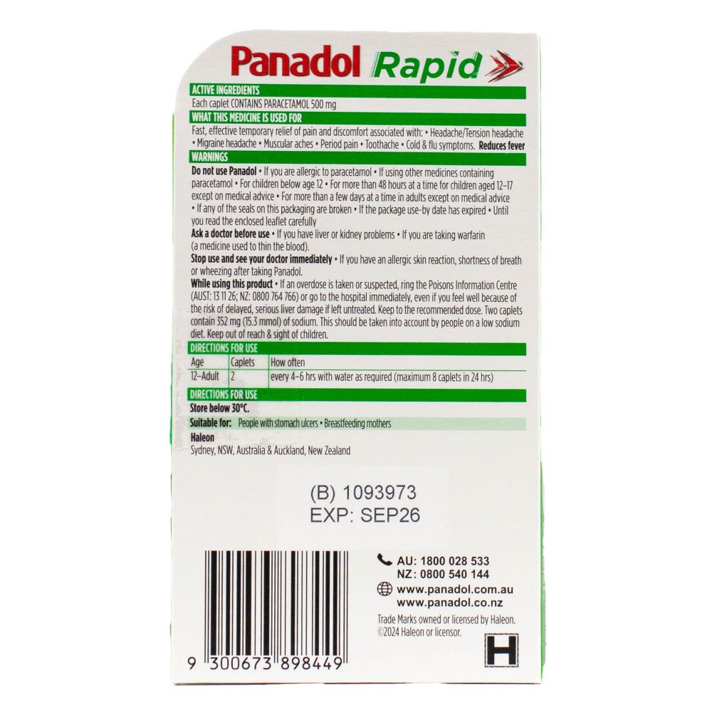 Panadol Pk8 Capsules Paracetamol 500mg Fast Pain Relief Rapid (12x Pack)