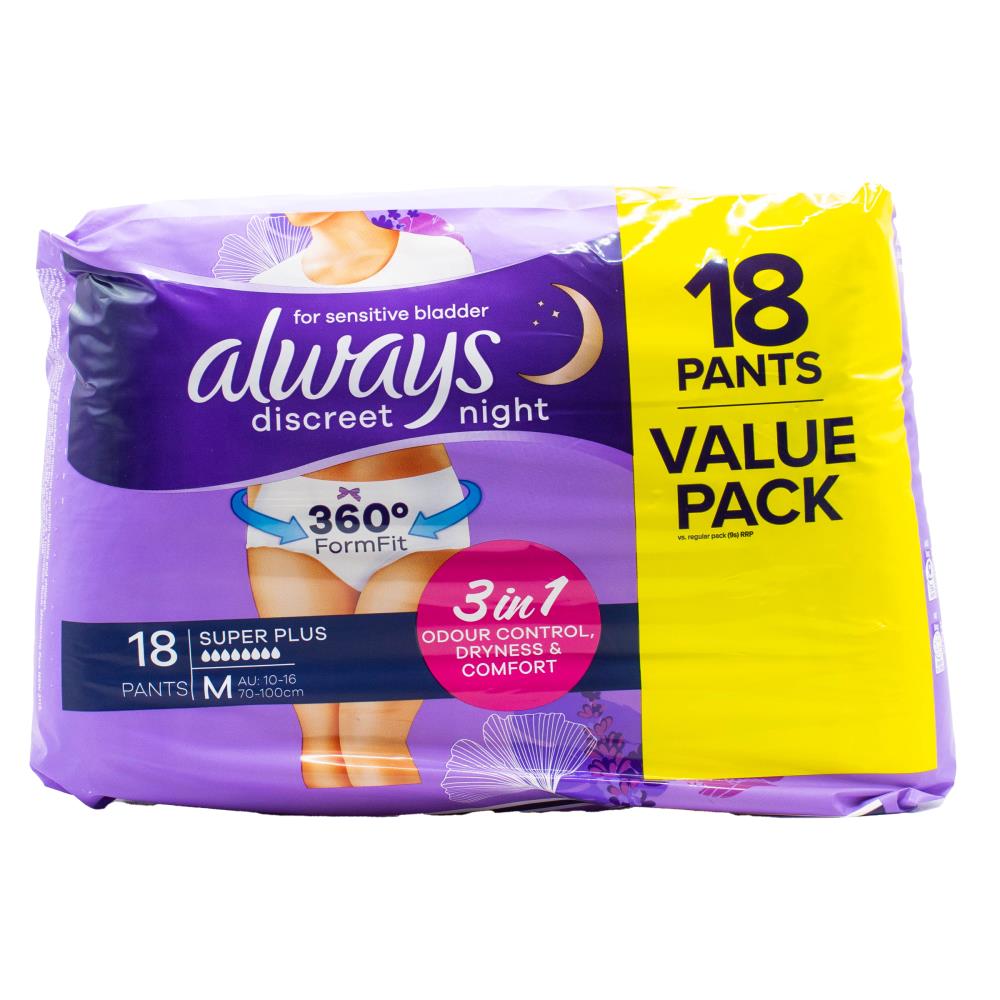 Always Pants Discreet Night for Sensitive Bladder Super Plus M 10-16 70-100cm 2 X 18pk (Value Pack 36)