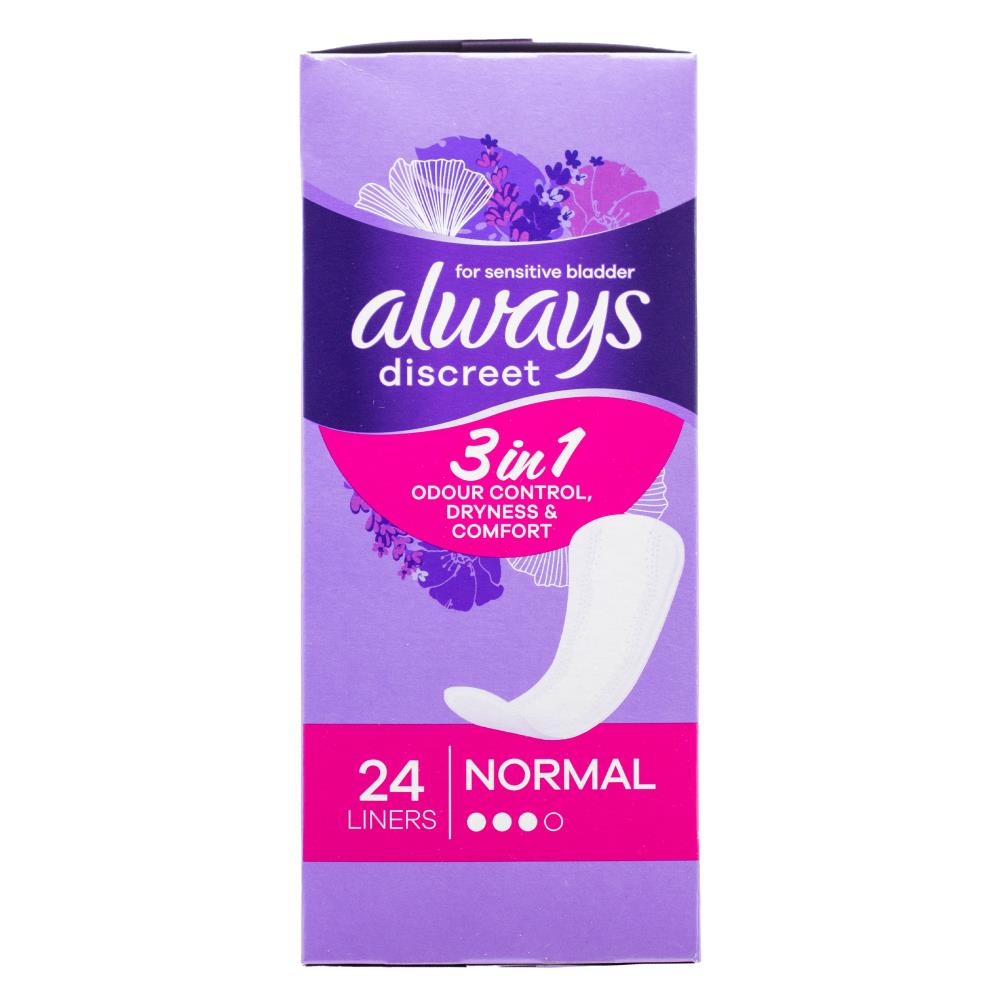 Always Liners Discreet for Sensitive Bladder 3 in 1 Odour Control Dryness and Comfort Normal 8 X 24pk (Value Pack 192)
