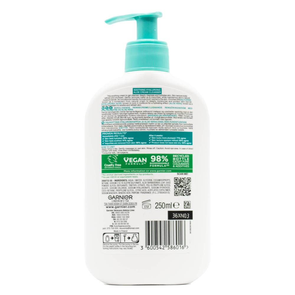 GARNIER 250mL CREAM CLEANSER SKIN ACTIVE SOOTHING HYALURONIC ALOE HYDRATES AND SOOTHES DEHYDRATED SKIN (6x Pack)