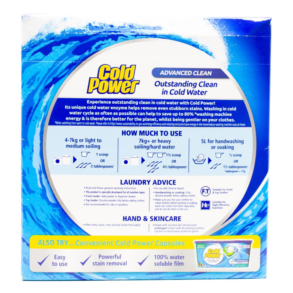 COLD POWER 2kg LAUNDRY POWDER ADVANCED CLEAN EFFECTIVE STAIN REMOVER (6x Pack)