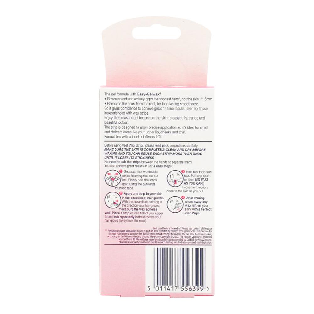 Veet Pk20 Easy- Gelwax Stirps Face Precision For Sensitive Skin Almond Oil And Vitamin E Fragrance + 4 Perfect Finish Wipes (12x Pack)