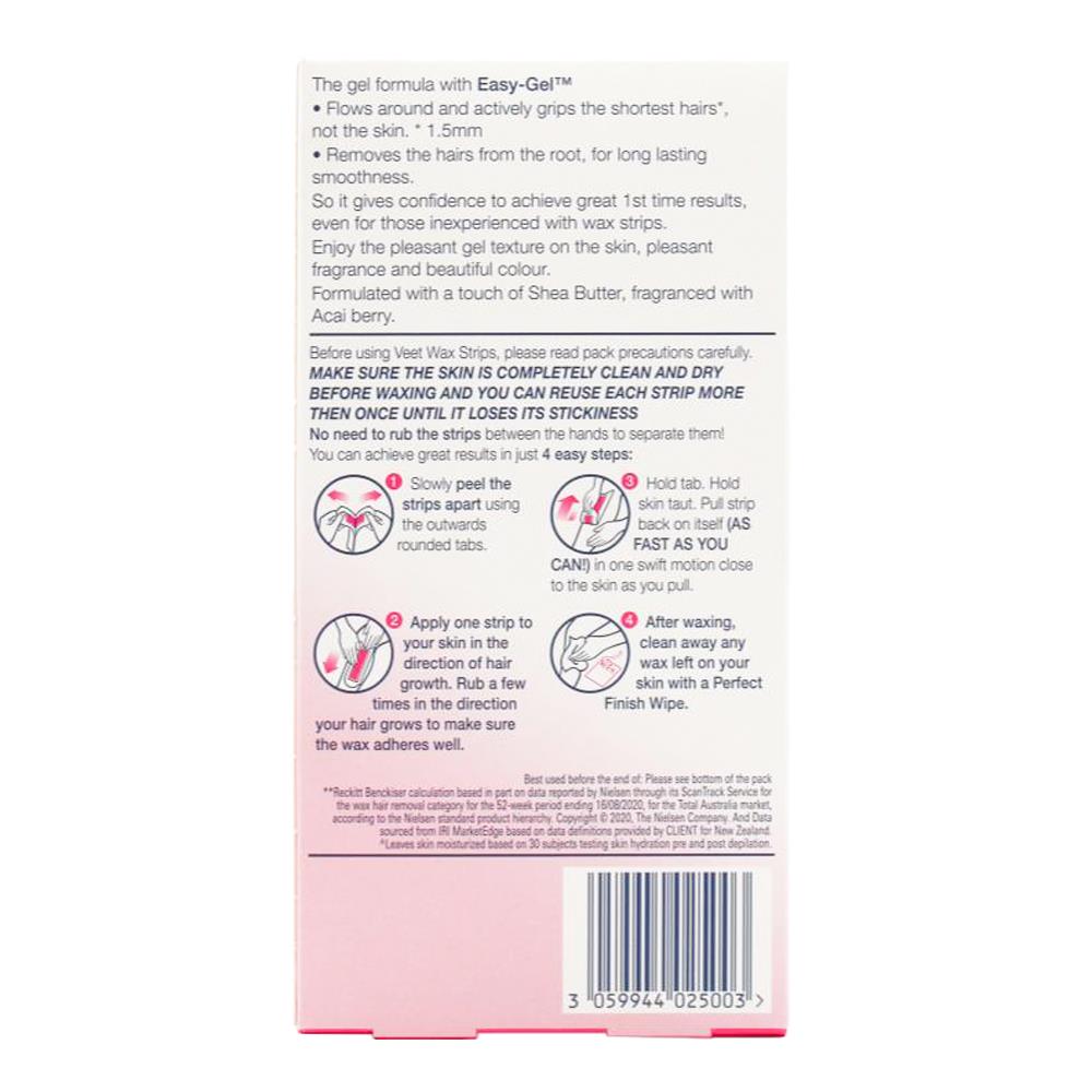 Veet Pk20 Easy- Gelwax Strips For Normal Skin Shea Butter And Acai Berries Fragrance + 2 Perfect Finish Wipes (6x Pack)