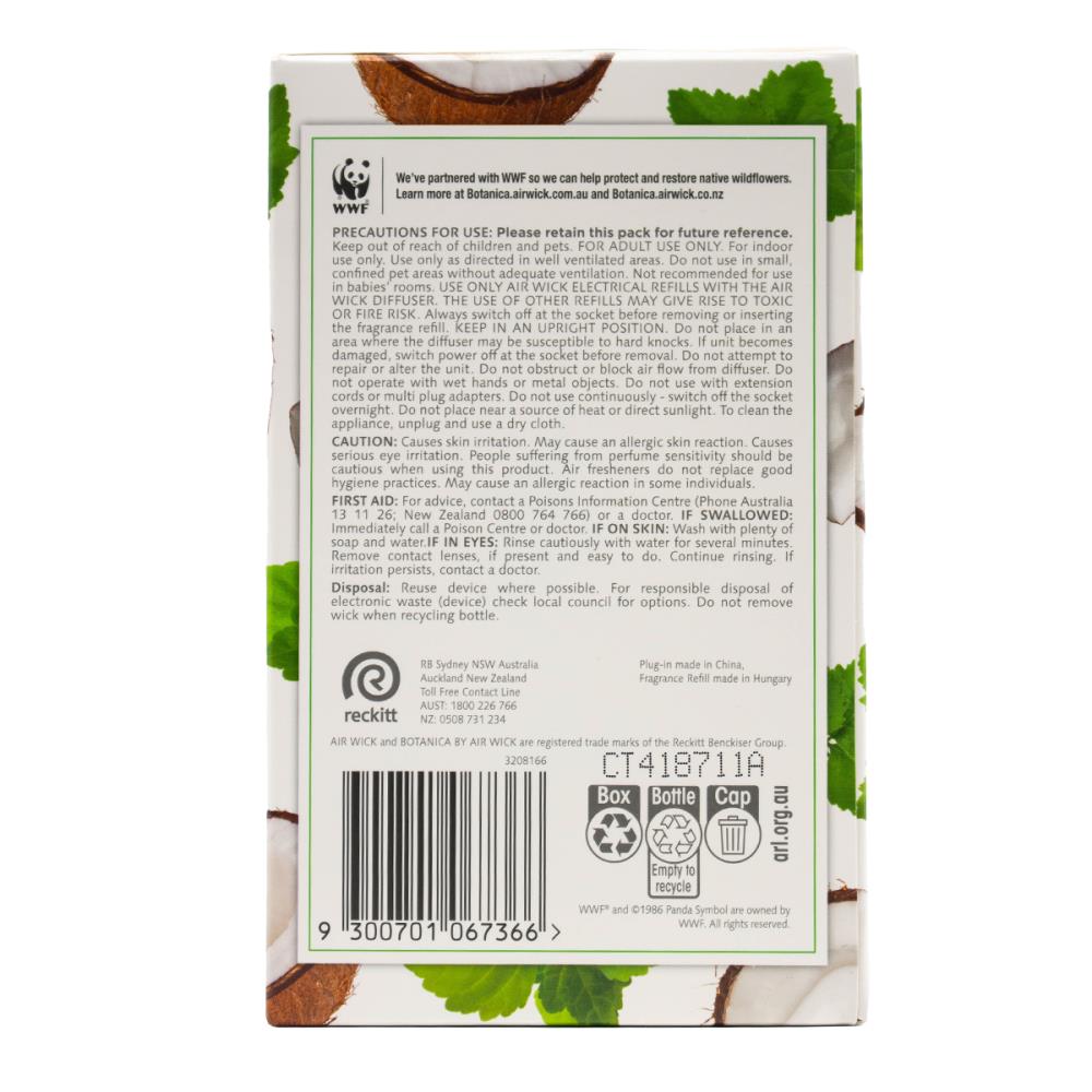 Air Wick 19ml Botanica X1 Plug In Diffuser And Fragrance Refill Coconut Milk And Indonesian Patchouli (4x Pieces)