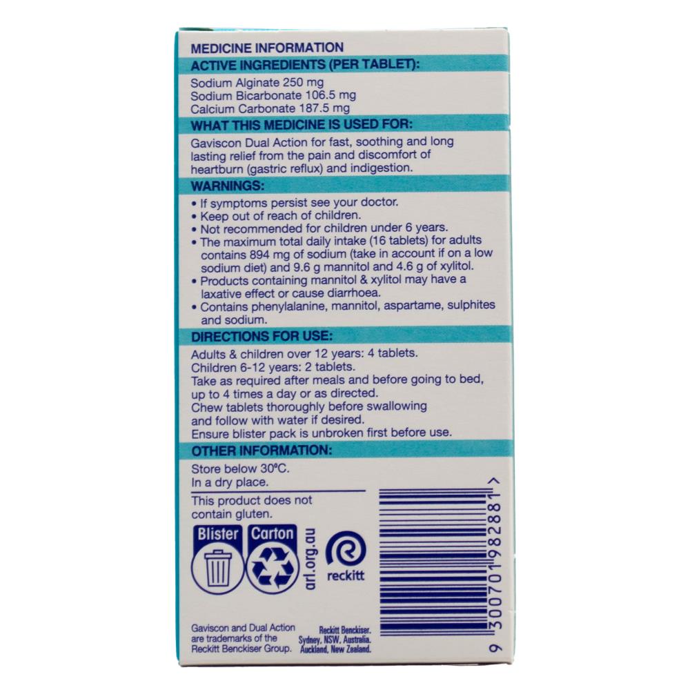 Gaviscon Pk16 Chewable Tablets Dual Action Heartburn And Indigestion Peppermint (6x Pack)