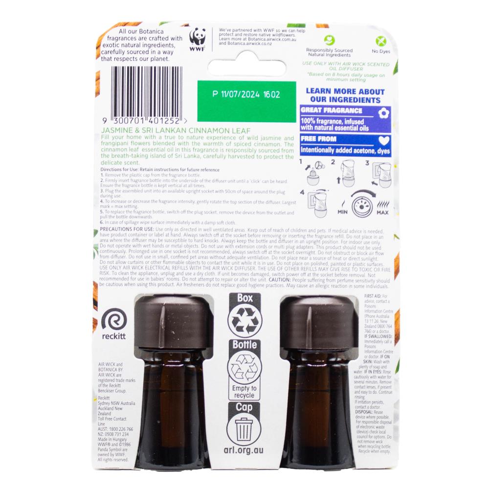 AIR WICK PK2 x19mL FRAGRANCE REFILL BOTANICA JASMINE AND SRI LANKAN CINNAMON LEAF 19ml x 2Pk (Value Pack 10)
