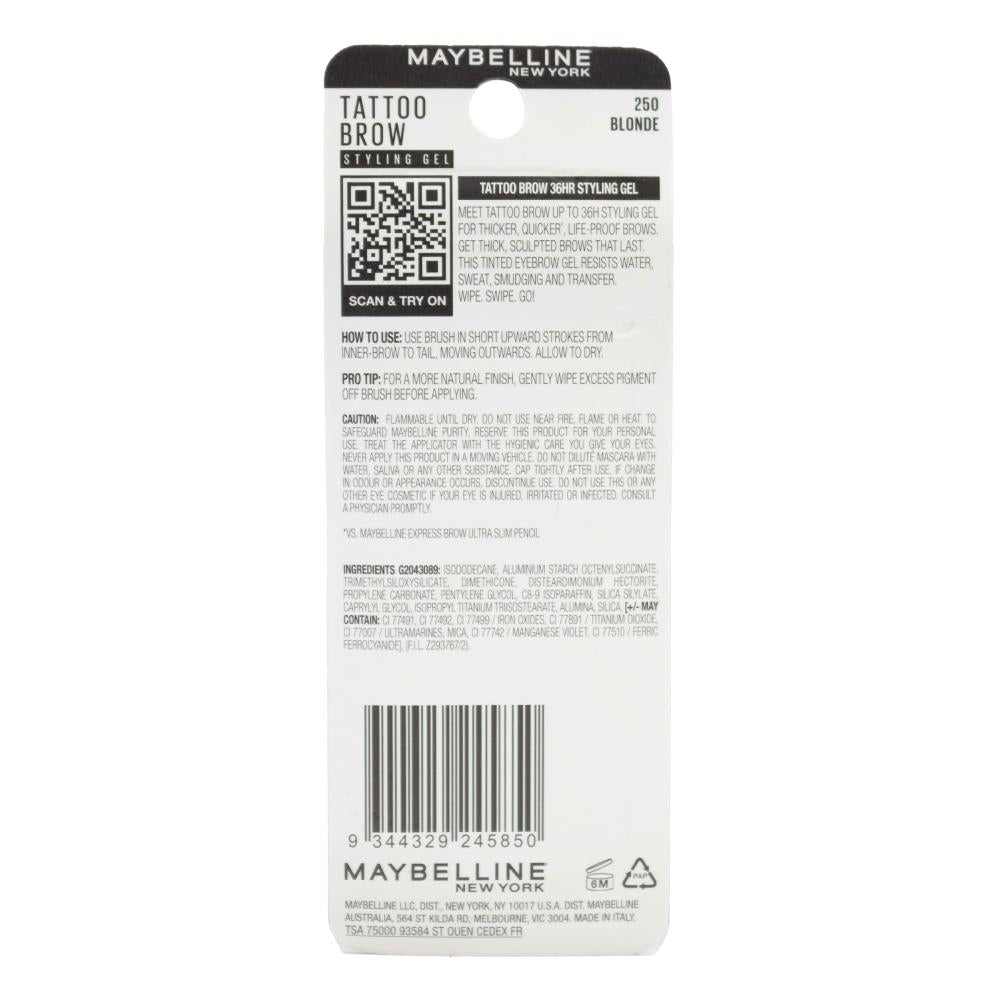 Maybelline 6ml Tattoo Brow 36 Hour Styling Gel Blonde 250 (4x Pack)