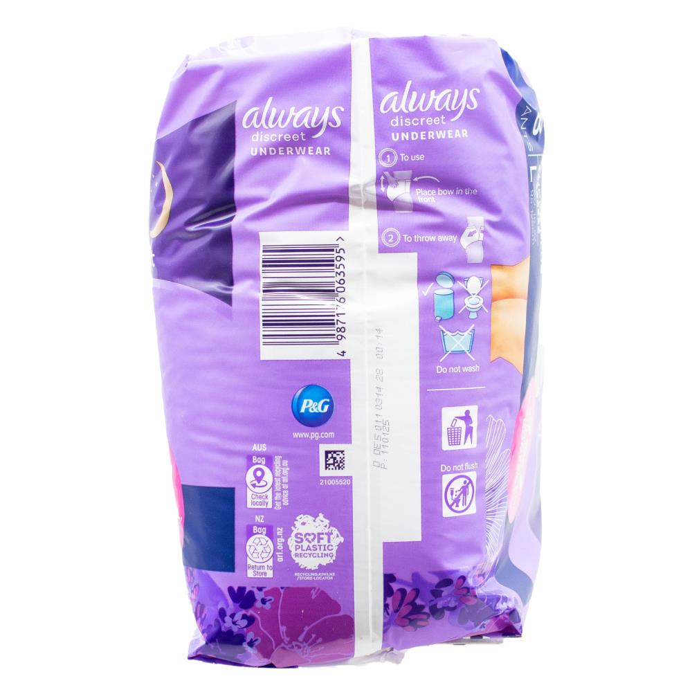 Always Pants Discreet Night for Sensitive Bladder 3 in 1 Odour Control Dryness and Comfort Super Plus L 16-22 95-125cm 70-100cm 2 X 8pk (Value Pack 16)