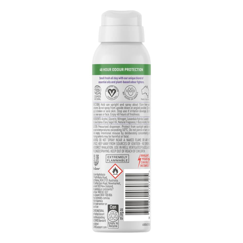 SCHMIDTS 92g / 115ml DEODORANT SPRAY CERTIFIED NATURAL 48HR ODOUR PROTECTION LAVENDER AND SAGE (6x Pack)