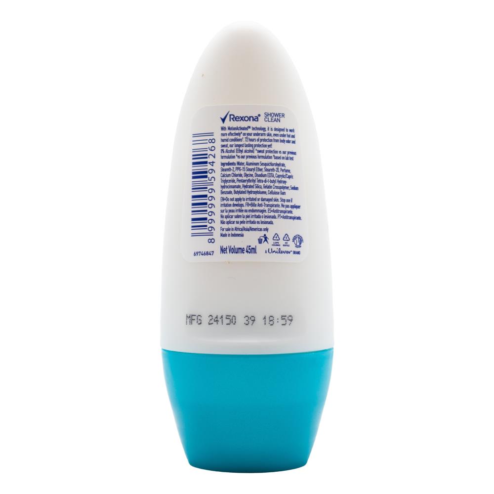 REXONA 45ml ROLL ON DEODORANT 72 HOUR SHOWER CLEAN (24x Pack)