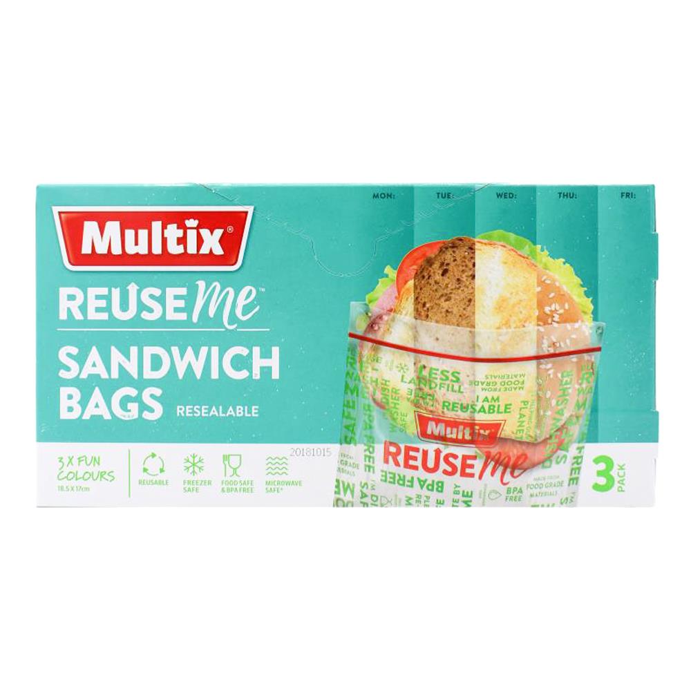 Multix Pk3 Reuseme Sandwich Bags Resealable 18.5cm X 17cm (7x Pack)