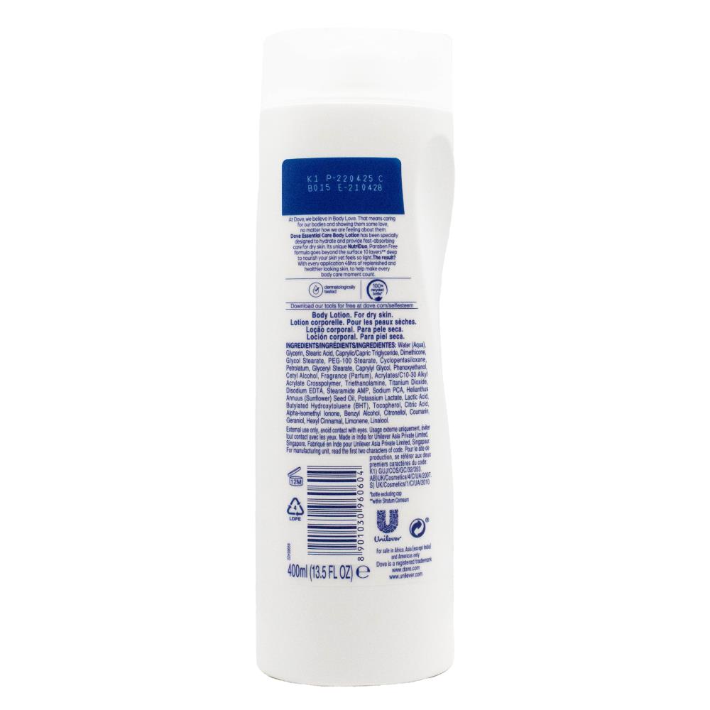 DOVE 400mL BODY LOTION BODY LOVE ESSENTIAL CARE FOR DRY SKIN (6x Pack)