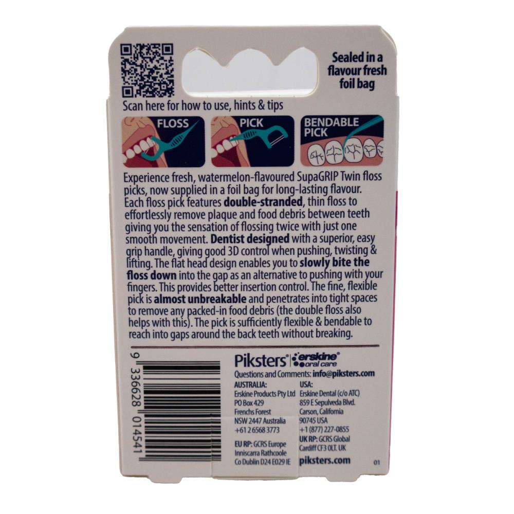 Piksters PK20 Twin Floss Picks Supa Grip Watermelon Flavour (6 Pack)