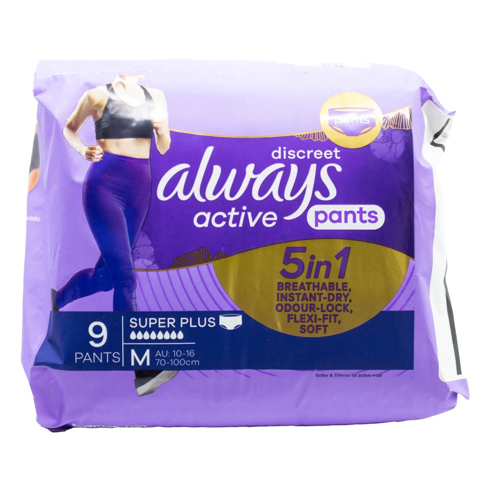 Always Pants Discreet 5 in 1 Breathable Instant Dry Odour Lock Flexi Fit Soft Active Super Plus Medium 10-16 70-100cm 2 X 9pk (Value Pack 18)