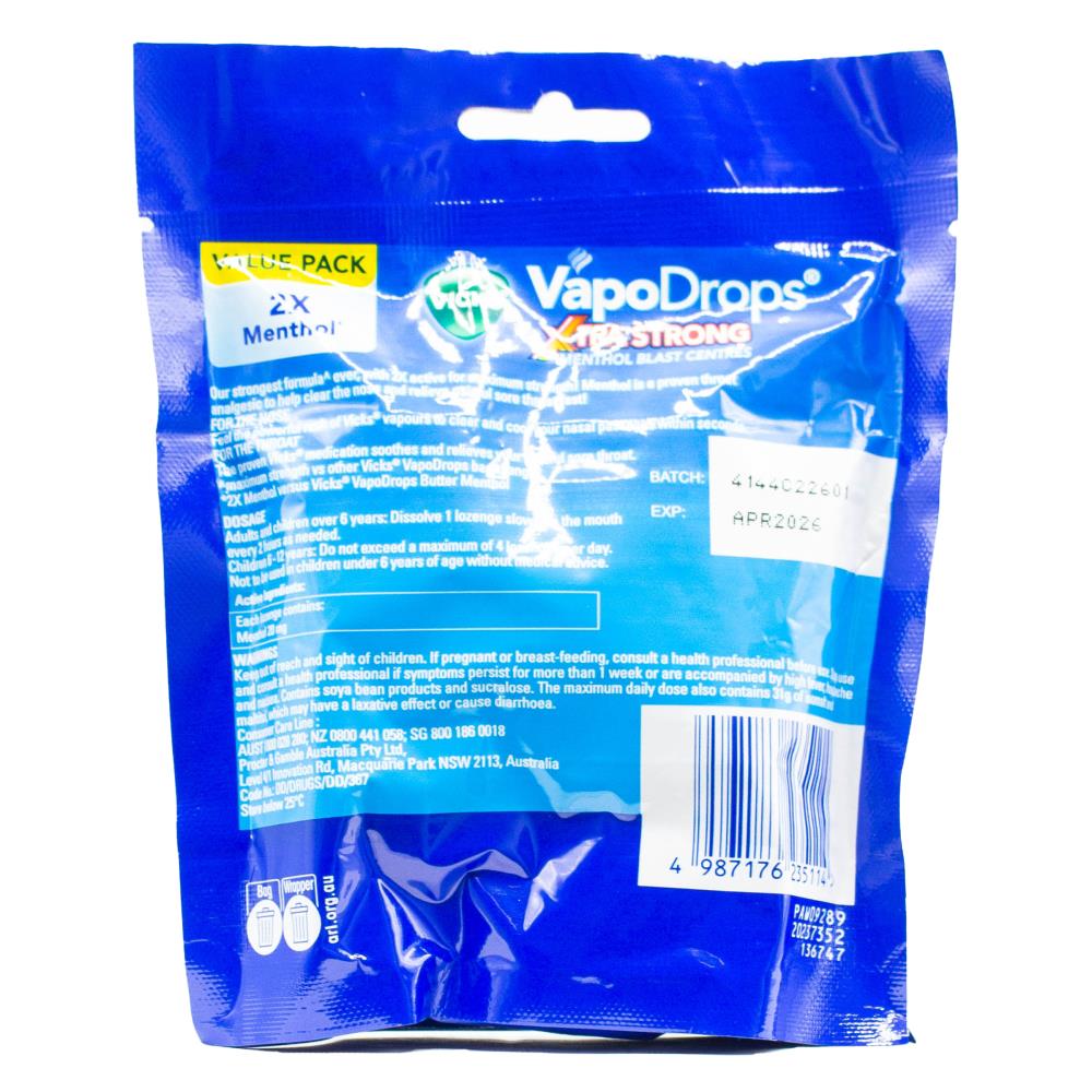 VICKS VAPODROPS XTRA STRONG MENTHOL BLAST CENTRES 4 x 30Pk (Value Pack 120 Lozenges)
