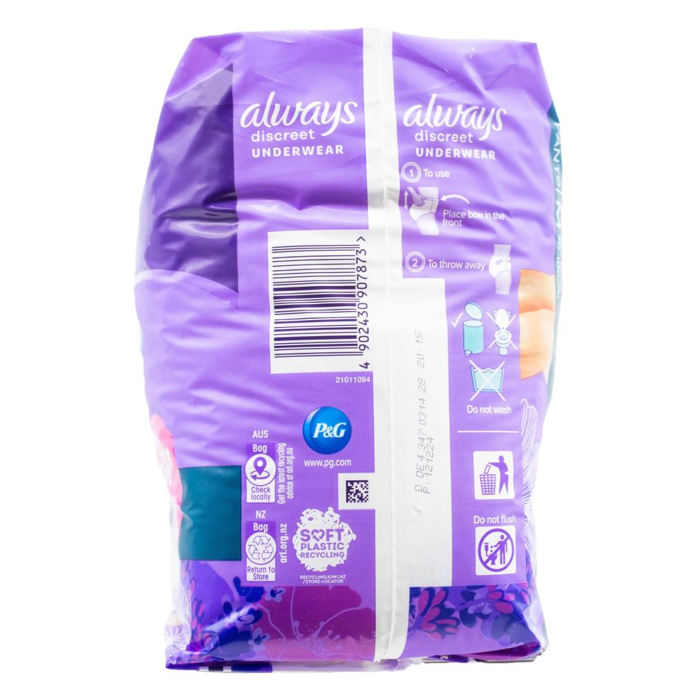 Always Pants Discreet for Sensitive Bladder 3 in 1 Odour Control Dryness and Comfort Plus M 10-16 70-100cm 2 X 9pk (Value Pack 18)