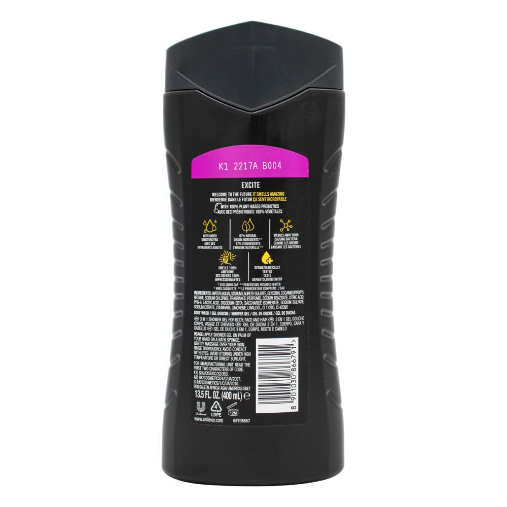 Axe 400ml 3 In 1 Body + Face + Hair Wash Excite ( 6x Pack)