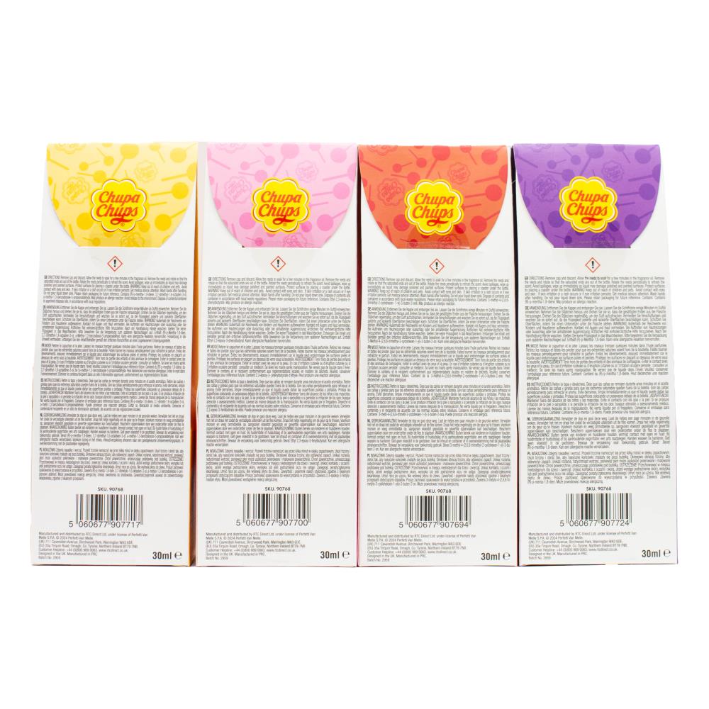 CHUPA CHUPS REED DIFFUSER 2 IN 1 ASSORTED x6 STRAWBERRY AND CREAM x6 MANGO x6 CHERRY x6 GRAPE 30ml (24x Value Pack)