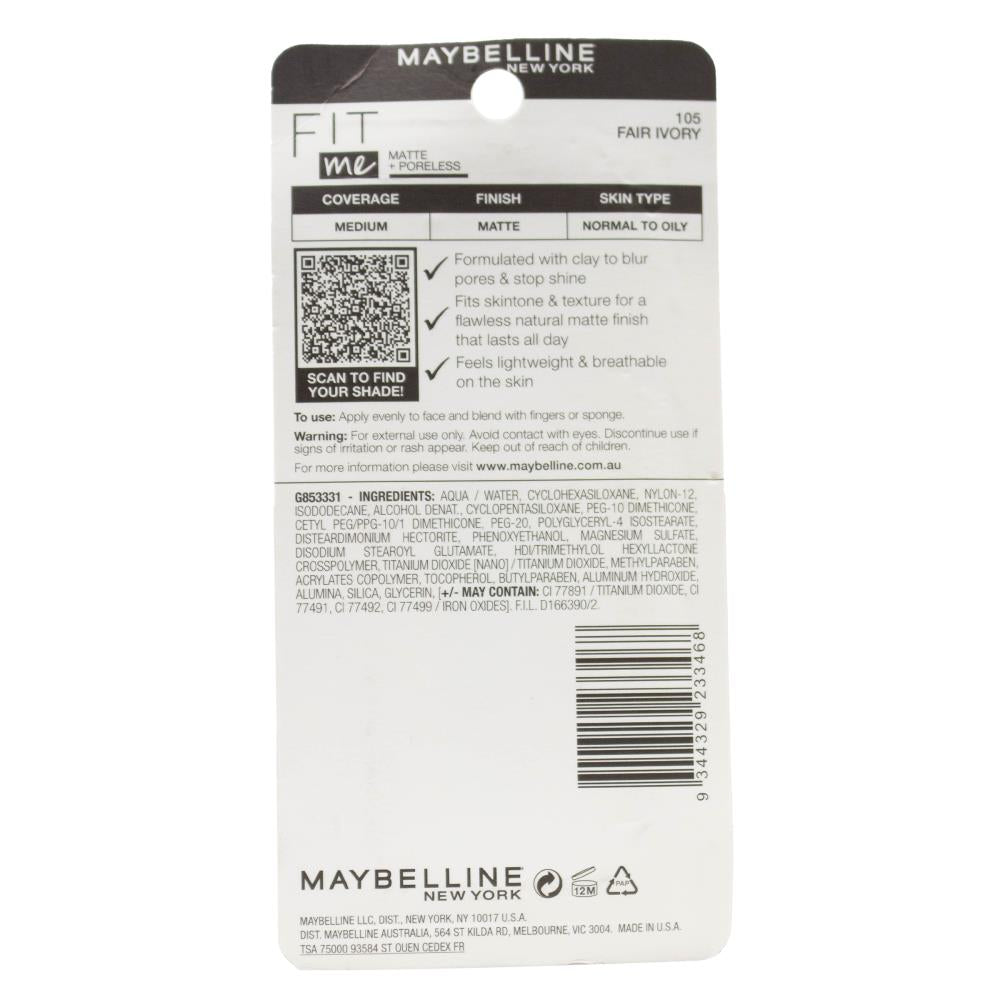 MAYBELLINE 30mL FOUNDATION FIT ME MEDIUM COVERAGE MATTE FINISH FAIR IVORY 105 (4 x Pack)
