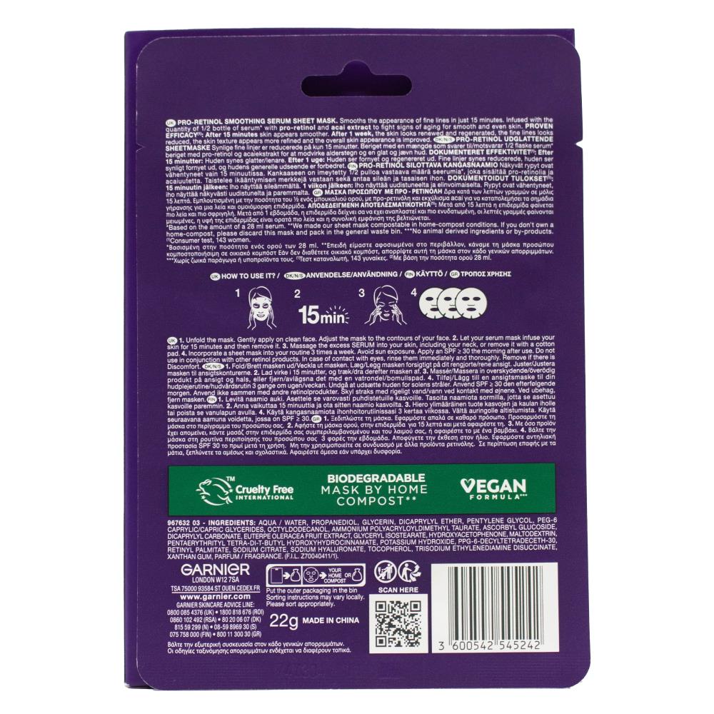 Garnier 22g Mask Smoothing Serum Pro Retinol Vegan Formula (20x Pack)