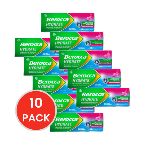 BEROCCA PK10 EFFERVESCENT TABLETS HYDRATE RASPBERRY BLACKCURRANT FLAVOUR (10x Pack)