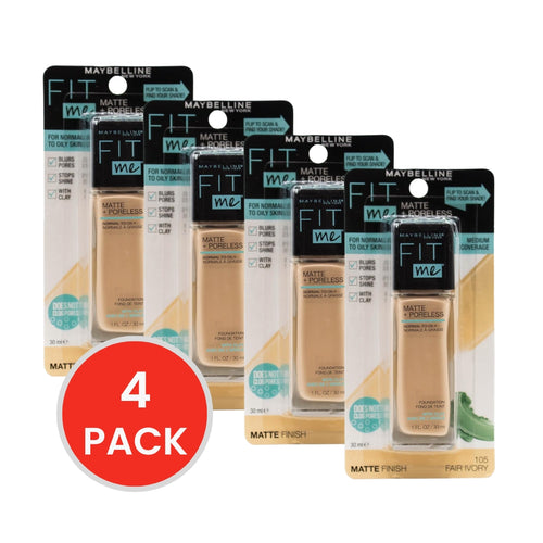 MAYBELLINE 30mL FOUNDATION FIT ME MEDIUM COVERAGE MATTE FINISH FAIR IVORY 105 (4 x Pack)